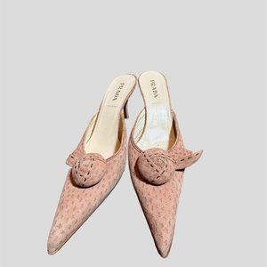 Prada eur 38 light brown suede pattenered mules  with rosette and pointy toe